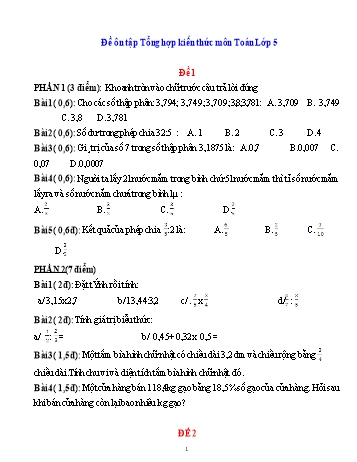 19 Đề ôn tập tổng hợp kiến thức Toán Lớp 5