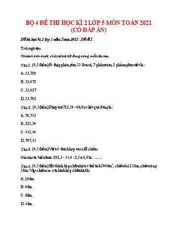 4 Đề thi học kì 2 Toán Lớp 5 - Năm học 2021-2022 (Có đáp án)