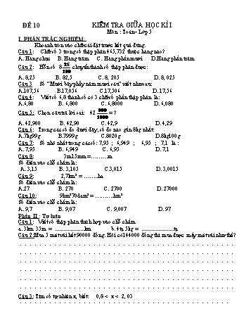 Đề kiểm tra giữa học kì 1 Toán Lớp 5 - Đề 10