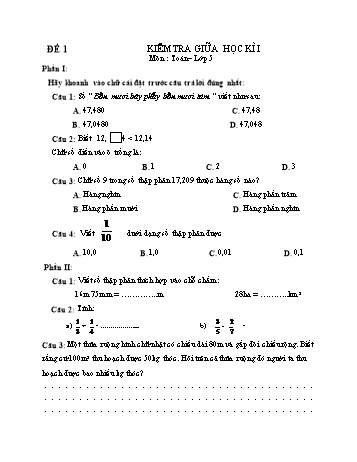 Đề kiểm tra giữa học kì 1 Toán Lớp 5 - Đề 1