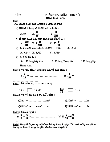 Đề kiểm tra giữa học kì 1 Toán Lớp 5 - Đề 2