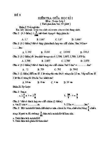 Đề kiểm tra giữa học kì 1 Toán Lớp 5 - Đề 8