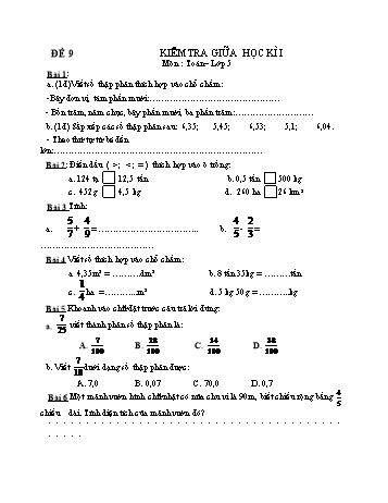 Đề kiểm tra giữa học kì 1 Toán Lớp 5 - Đề 9