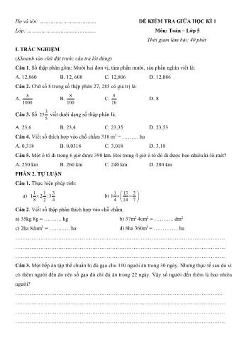 Đề kiểm tra giữa học kì 1 Toán Lớp 5 - Đề số 3 (Có hướng dẫn giải chi tiết)