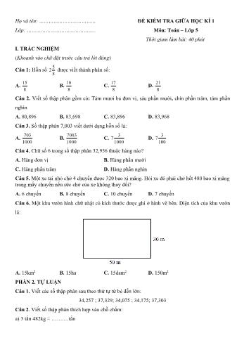 Đề kiểm tra giữa học kì 1 Toán Lớp 5 - Đề số 4 (Có hướng dẫn giải chi tiết)