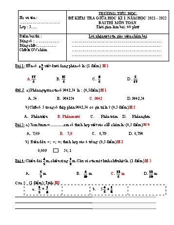 Đề kiểm tra giữa học kì 1 Toán Lớp 5 - Năm học 2021-2022 (Có ma trận và đáp án)