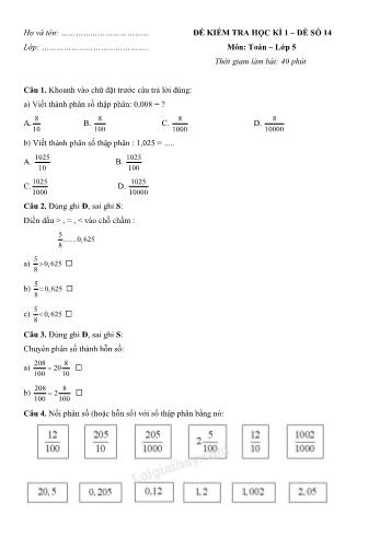 Đề kiểm tra học kì 2 Toán Lớp 5 - Đề số 14 (Có hướng dẫn giải chi tiết)