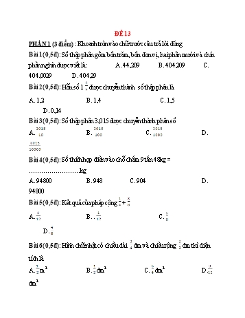 Đề ôn tập tổng hợp kiến thức Toán Lớp 5 - Đề 13