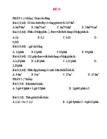 Đề ôn tập tổng hợp kiến thức Toán Lớp 5 - Đề 15