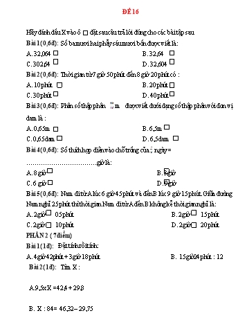 Đề ôn tập tổng hợp kiến thức Toán Lớp 5 - Đề 16