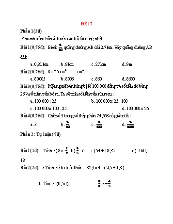 Đề ôn tập tổng hợp kiến thức Toán Lớp 5 - Đề 17