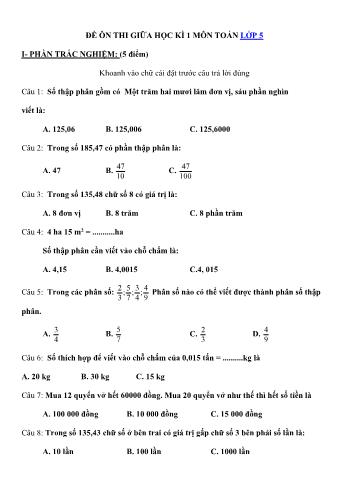Đề ôn thi giữa học kì 1 Toán Lớp 5