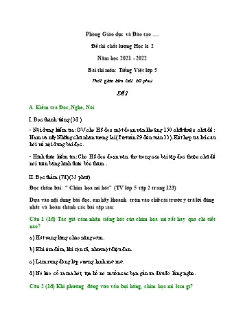 Đề thi chất lượng học kì 2 Tiếng Việt Lớp 5 - Đề 2 - Năm học 2021-2022 (Có đáp án)