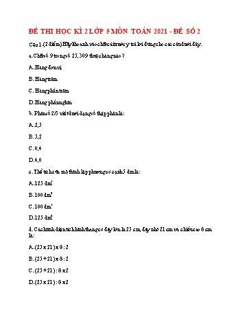 Đề thi học kì 2 môn Toán Lớp 5 - Đề số 2 - Năm học 2021-2022 (Có đáp án)