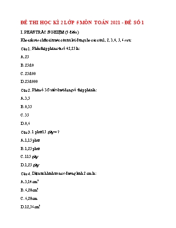 Đề thi học kì 2 Toán Lớp 5 - Đề số 1 - Năm học 2021-2022 (Có đáp án)