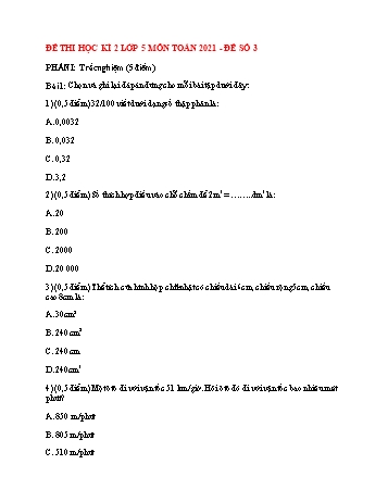 Đề thi học kì 2 Toán Lớp 5 - Đề số 3 - Năm học 2021-2022 (Có đáp án)