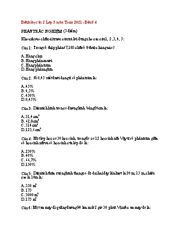 Đề thi học kì 2 Toán Lớp 5 - Đề số 4 - Năm học 2021-2022 (Có đáp án)
