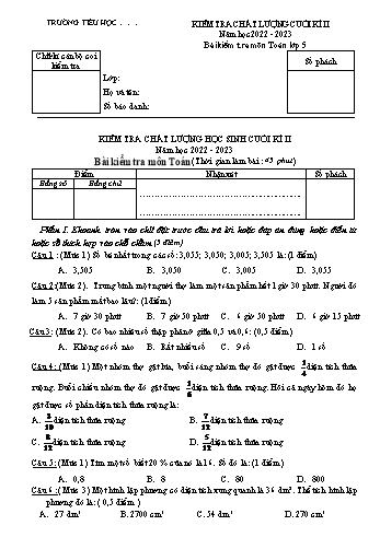 Kiểm tra chất lượng cuối học kì 2 Toán Lớp 5 - Năm học 2022-2023 (Có ma trận và đáp án)