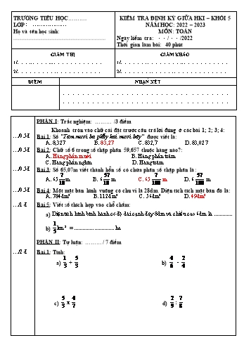 Kiểm tra định kì giữa học kì 1 Toán Lớp 5 - Năm học 2022-2023 (Có ma trận và đáp án)
