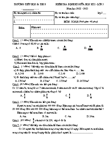 Kiểm tra định kì giữa học kì 1 Toán Lớp 5 - Năm học 2022-2023 (Có hướng dẫn chấm)