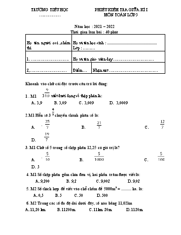 Phiếu kiểm tra giữa kì 1 Toán Lớp 5 - Năm học 2021-2022 (Có đáp án)