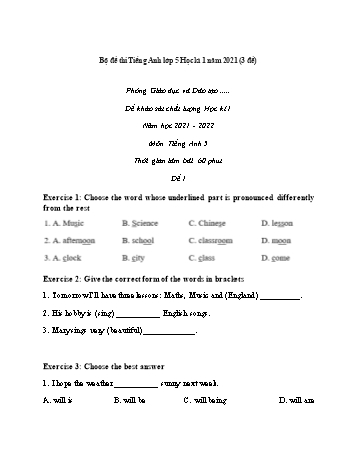 3 Đề khảo sát chất lượng học kì 1 Tiếng Anh Lớp 5 - Năm học 2021-2022