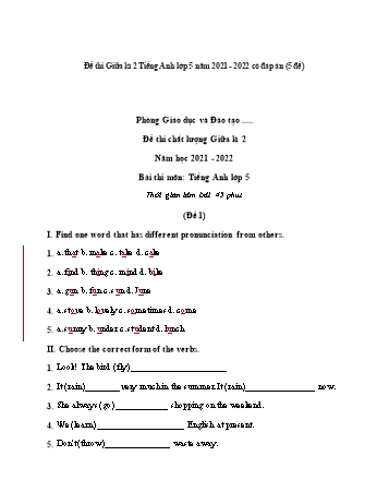 5 Đề thi chất lượng giữa kì 2 Tiếng Anh Lớp 5 - Năm học 2021-2022 (Có đáp án và thang điểm)