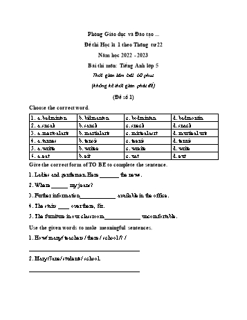 5 Đề thi học kì 1 Tiếng Anh Lớp 5 theo thông tư 22 - Năm học 2022-2023 (Có đáp án)