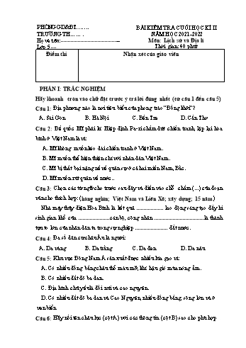 Bài kiểm tra cuối học kì 2 Lịch sử và Địa lí Lớp 5 - Năm học 2021-2022 (Có hướng dẫn chấm)