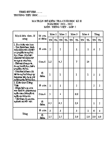 Đề kiểm tra cuối học kì 2 Tiếng Việt Lớp 5 - Năm học 2021-2022 (Có ma trận và hướng dẫn chấm)