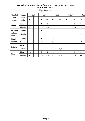 Đề kiểm tra cuối học kì 2 Toán Lớp 5 - Năm học 2021-2022 (Có ma trận và hướng dẫn chấm)