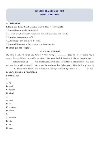 Đề kiểm tra giữa kì 1 Tiếng Anh Lớp 5 - Đề 2 (Có lời giải chi tiết)
