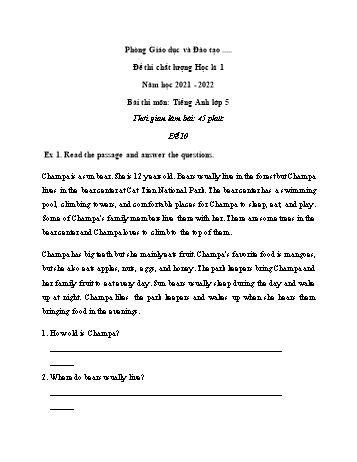 Đề thi chất lượng học kì 1 Tiếng Anh Lớp 5 - Đề 10 - Năm học 2021-2022