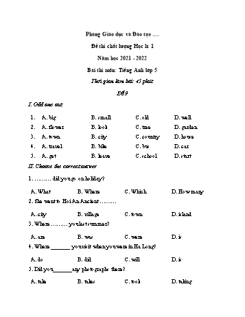 Đề thi chất lượng học kì 1 Tiếng Anh Lớp 5 - Đề 9 - Năm học 2021-2022