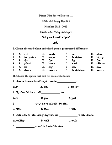 Đề thi chất lượng học kì 2 Tiếng Anh Lớp 5 - Đề 1 - Năm học 2021-2022