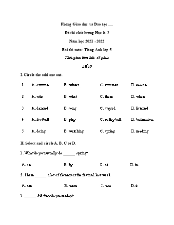 Đề thi chất lượng học kì 2 Tiếng Anh Lớp 5 - Đề 10 - Năm học 2021-2022