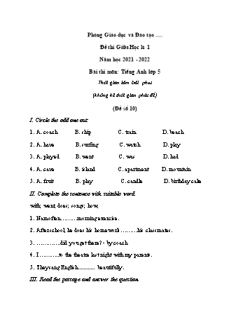 Đề thi giữa học kì 1 Tiếng Anh 5 - Đề số 10 - Năm học 2021-2022