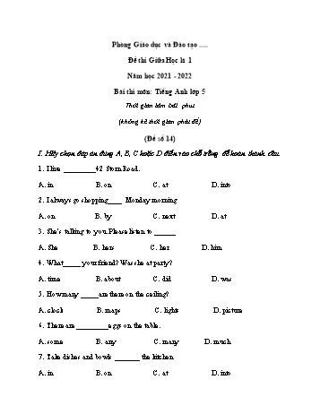 Đề thi giữa học kì 1 Tiếng Anh 5 - Đề số 14 - Năm học 2021-2022