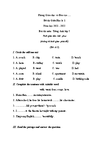 Đề thi giữa học kì 1 Tiếng Anh 5 - Đề số 3 - Năm học 2021-2022