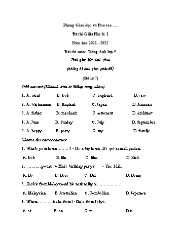 Đề thi giữa học kì 1 Tiếng Anh 5 - Đề số 7 - Năm học 2021-2022
