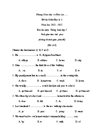 Đề thi giữa học kì 1 Tiếng Anh 5 - Đề số 8 - Năm học 2021-2022