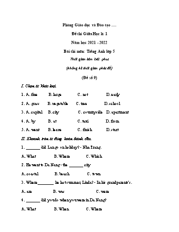 Đề thi giữa học kì 1 Tiếng Anh 5 - Đề số 9 - Năm học 2021-2022