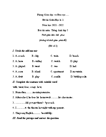 Đề thi giữa học kì 1 Tiếng Anh Lớp 5 - Đề số 1 - Năm học 2021-2022