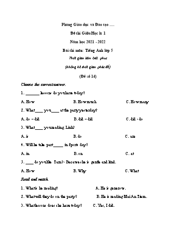 Đề thi giữa học kì 1 Tiếng Anh Lớp 5 - Đề số 14 - Năm học 2021-2022