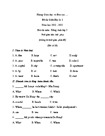 Đề thi giữa học kì 1 Tiếng Anh Lớp 5 - Đề số 16 - Năm học 2021-2022