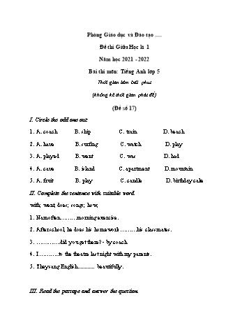Đề thi giữa học kì 1 Tiếng Anh Lớp 5 - Đề số 17 - Năm học 2021-2022