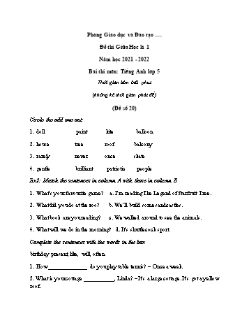 Đề thi giữa học kì 1 Tiếng Anh Lớp 5 - Đề số 20 - Năm học 2021-2022