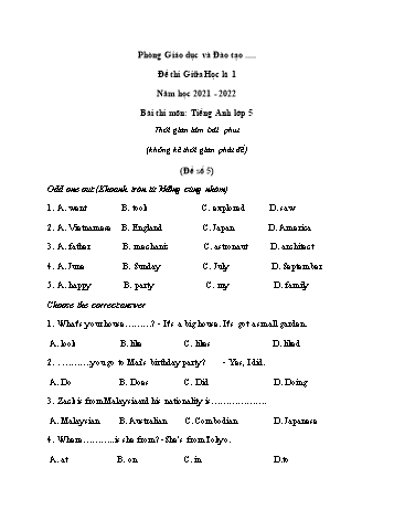 Đề thi giữa học kì 1 Tiếng Anh Lớp 5 - Đề số 5 - Năm học 2021-2022 (Có đáp án)