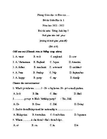 Đề thi giữa học kì 1 Tiếng Anh Lớp 5 - Đề số 6 - Năm học 2021-2022