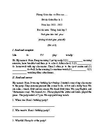 Đề thi giữa học kì 1 Tiếng Anh Lớp 5 - Đề số 8 - Năm học 2021-2022